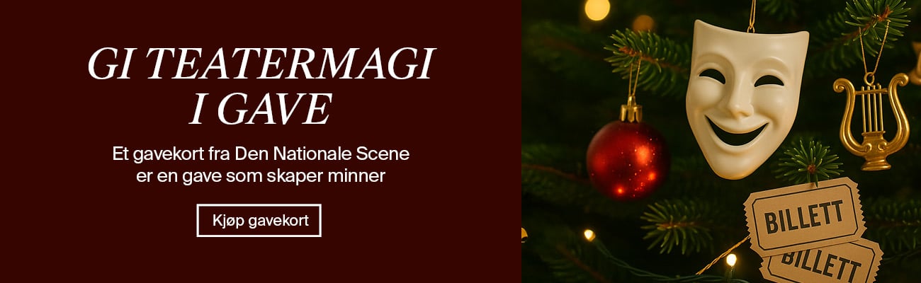 En julegavekortannonse med teatertema med en komikermaske, rød pynt og billetter på et juletre, sammen med norsk tekst som reklamerer for gavekort på Den Nationale Scene.