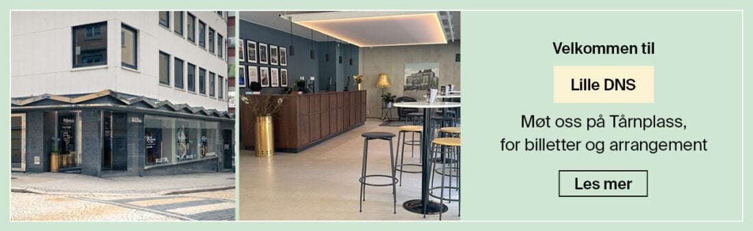 To bilder: ett av en moderne bygning utvendig på et gatehjørne, og ett av et kafélignende interiør med bord og krakker. Norsk tekst inviterer besøkende til Lille DNS på Tårnplass.