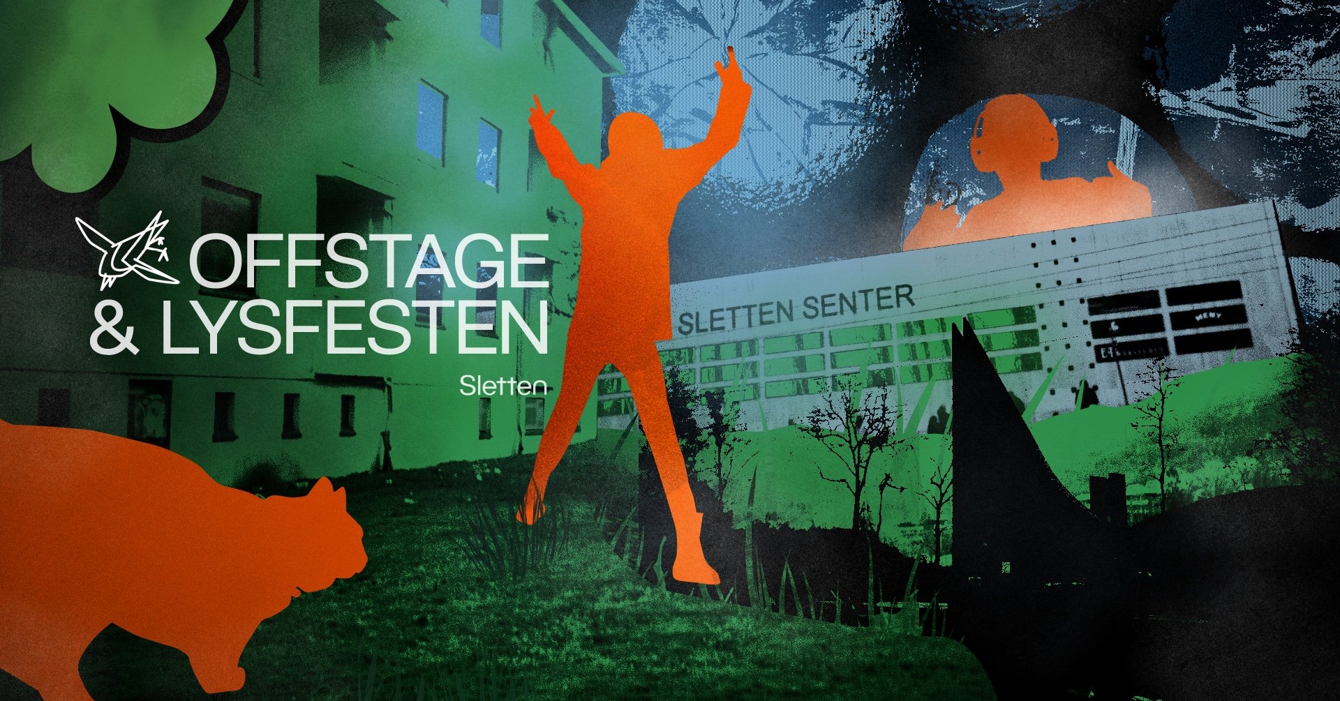 Grafisk plakat med silhuetter av en hoppende person, en bjørn, en DJ, bygninger og ordene "OFFSTAGE & LYSFESTEN Sletten" i fet skrift. Grønt, svart og oransje fargeskjema.