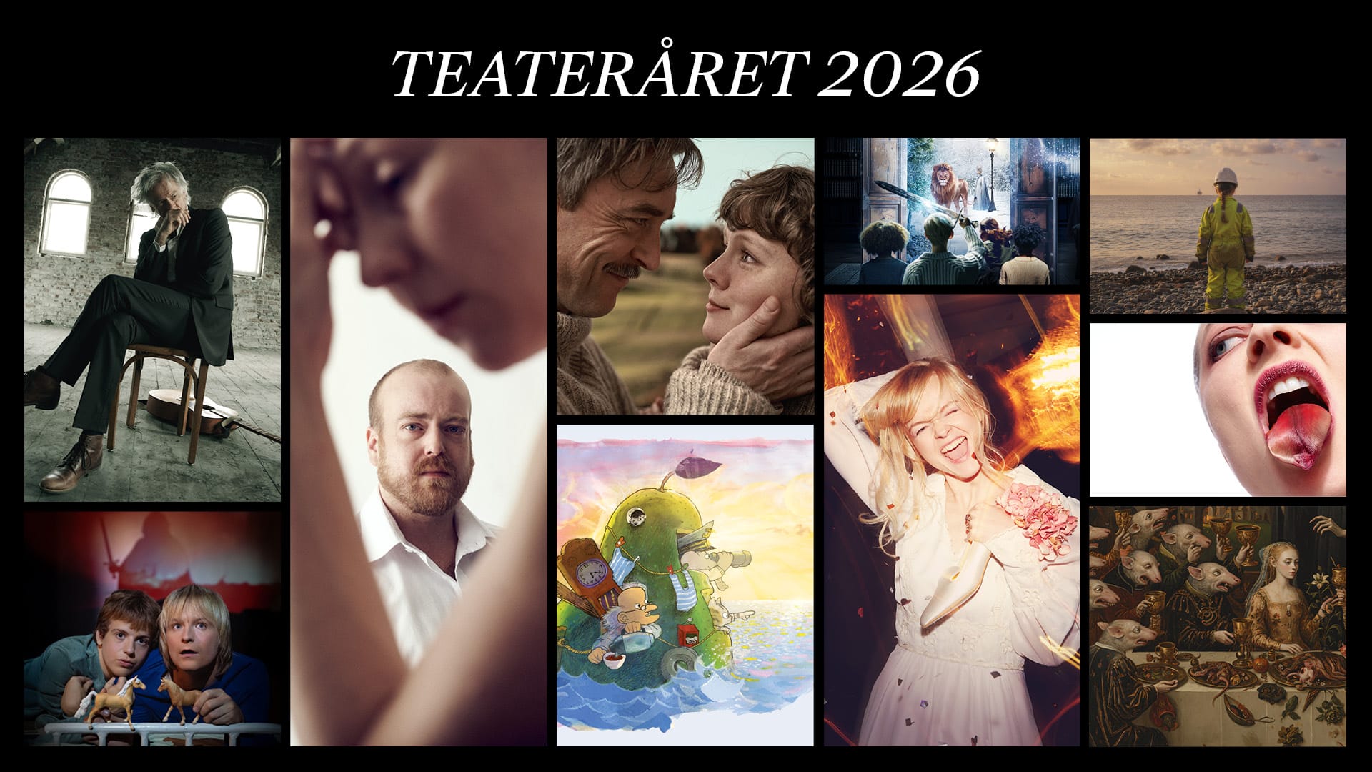 En collage av ulike teaterscener og portretter med tittelen "TEATERÅRET 2026" øverst.