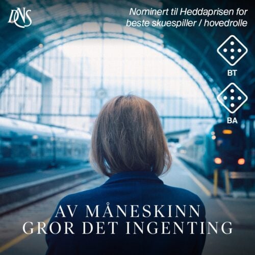 En person med kort hår står på en togperrong med ansiktet vendt bort og ser på togene under et stort stasjonstak av glass. Tekst på norsk ligger over bildet.