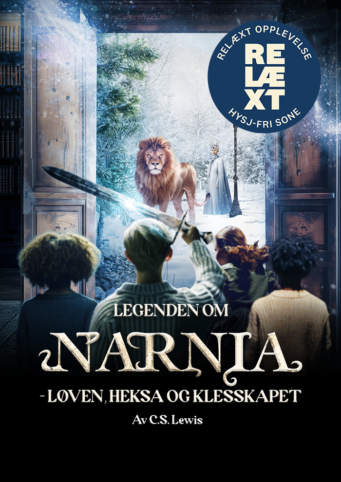 Fire barn står foran en magisk garderobe og ser på et snødekt landskap med en løve, en heks og en lyktestolpe; den norske teksten reklamerer for en «Narnia»-kinoopplevelse av C.S. Lewis.