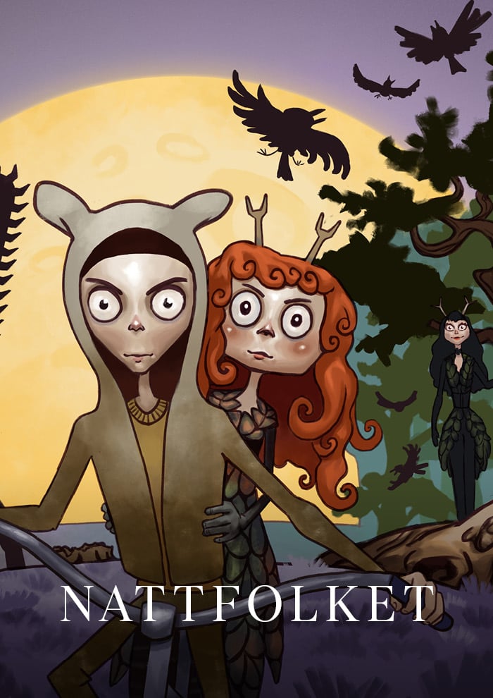 To storøyde barn i dyrekostymer står foran en stor måne, omgitt av mørke fugler og en mystisk skikkelse. Ordet "NATTFOLKET" står nederst.