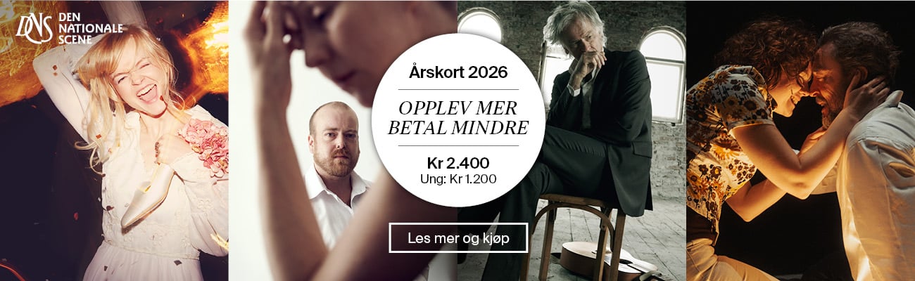 Fire scener fra teaterforestillinger omkranser en sentral tekst om et tilbud om sesongkort 2026 fra Den Nationale Scene, med priser og en oppfordring til å lese mer eller kjøpe.