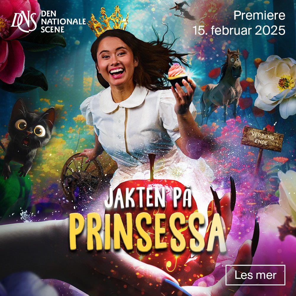 Fargerik plakat for "Jakten på Prinsessa" med en kvinne i krone med fantasielementer og dyr. Premiere 15. februar 2025. Norsk tekst inkludert.