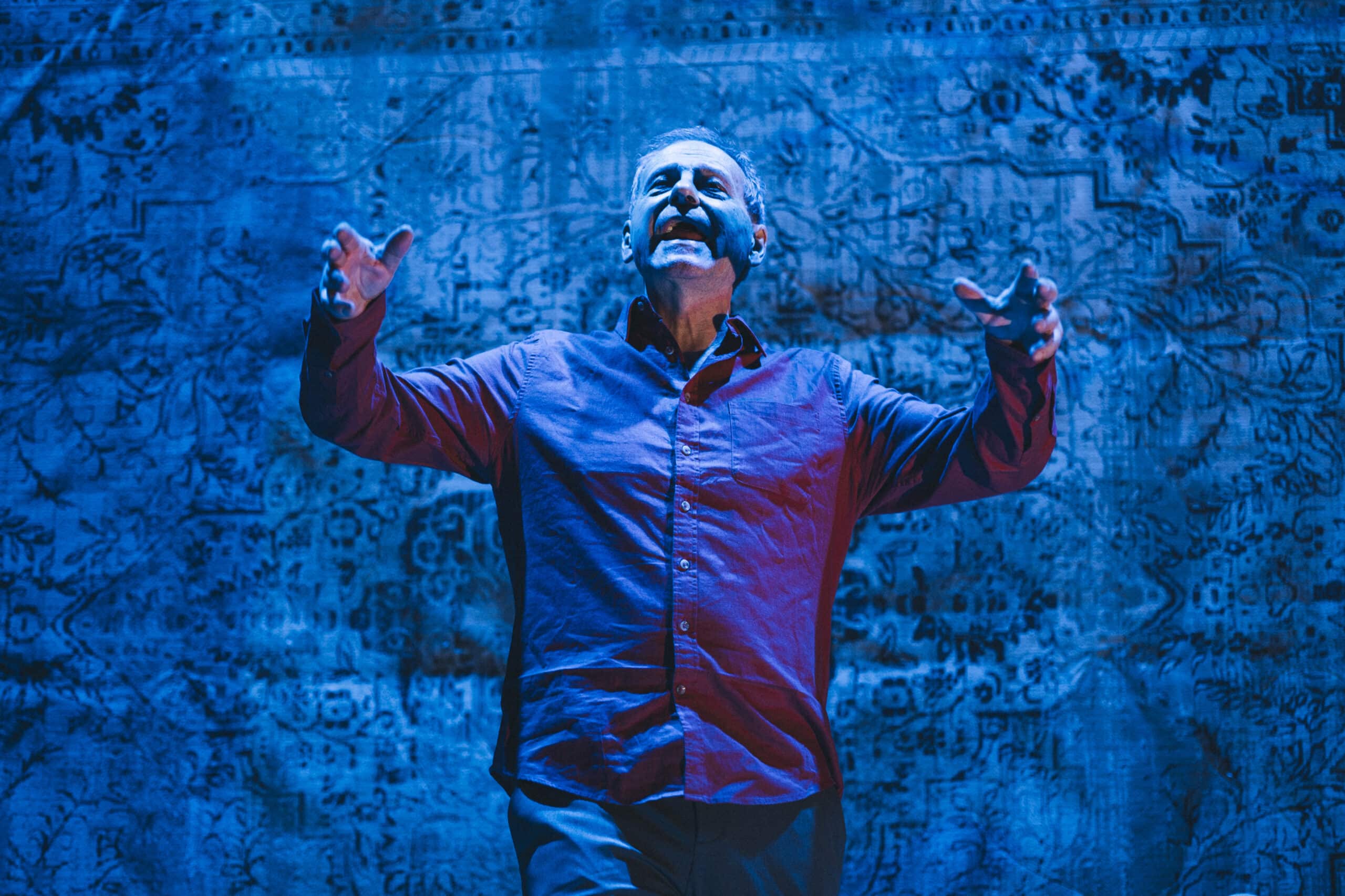 En person står på scenen i blått lys, gestikulerende med løftede hender og et uttrykksfullt ansikt, foran et mønstret bakteppe.