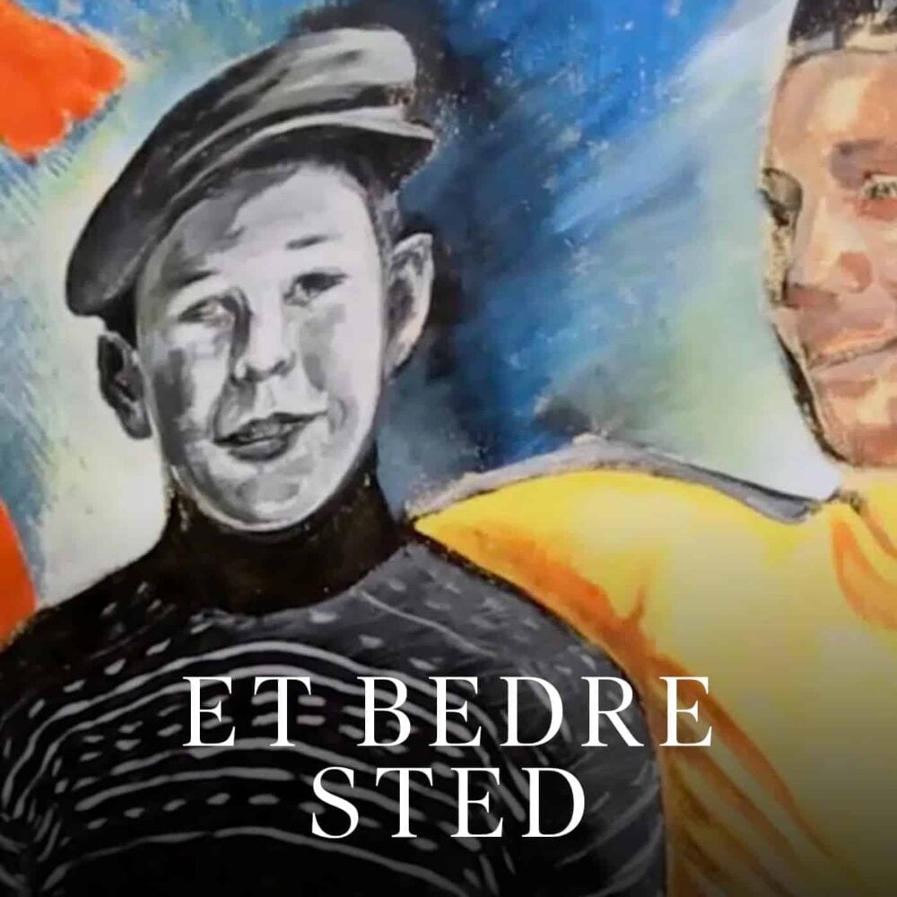 Lytteteater1400x1400-EtBedreSted Et malt bilde av to personer, en i gråtoner med hatt og stripete genser, og den andre i farger, med teksten «ET BEDRE STED».
