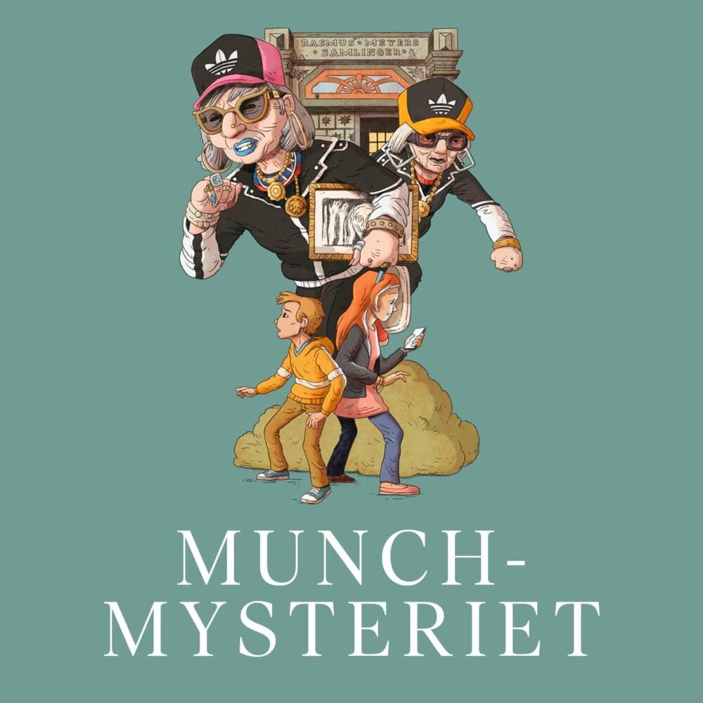 To voksne i hiphop-antrekk ruver over tre barn som går nedenfor, med «MUNCH-MYSTERIET» skrevet nederst på bildet.