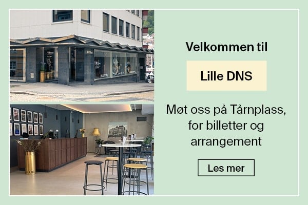 To bilder viser Lille DNS utvendig og innvendig. Tekst på norsk ønsker besøkende velkommen og inviterer dem til Tårnplass for billetter og arrangementer, med en knapp merket "Les mer".