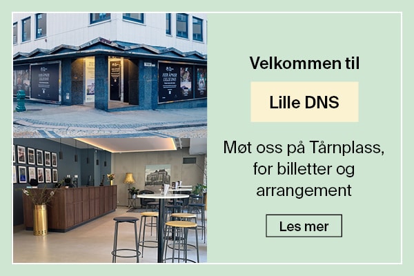 Kollasje som viser eksteriøret og interiøret til Lille DNS i Bergen, med en velkomstmelding og billettinformasjon på norsk.
