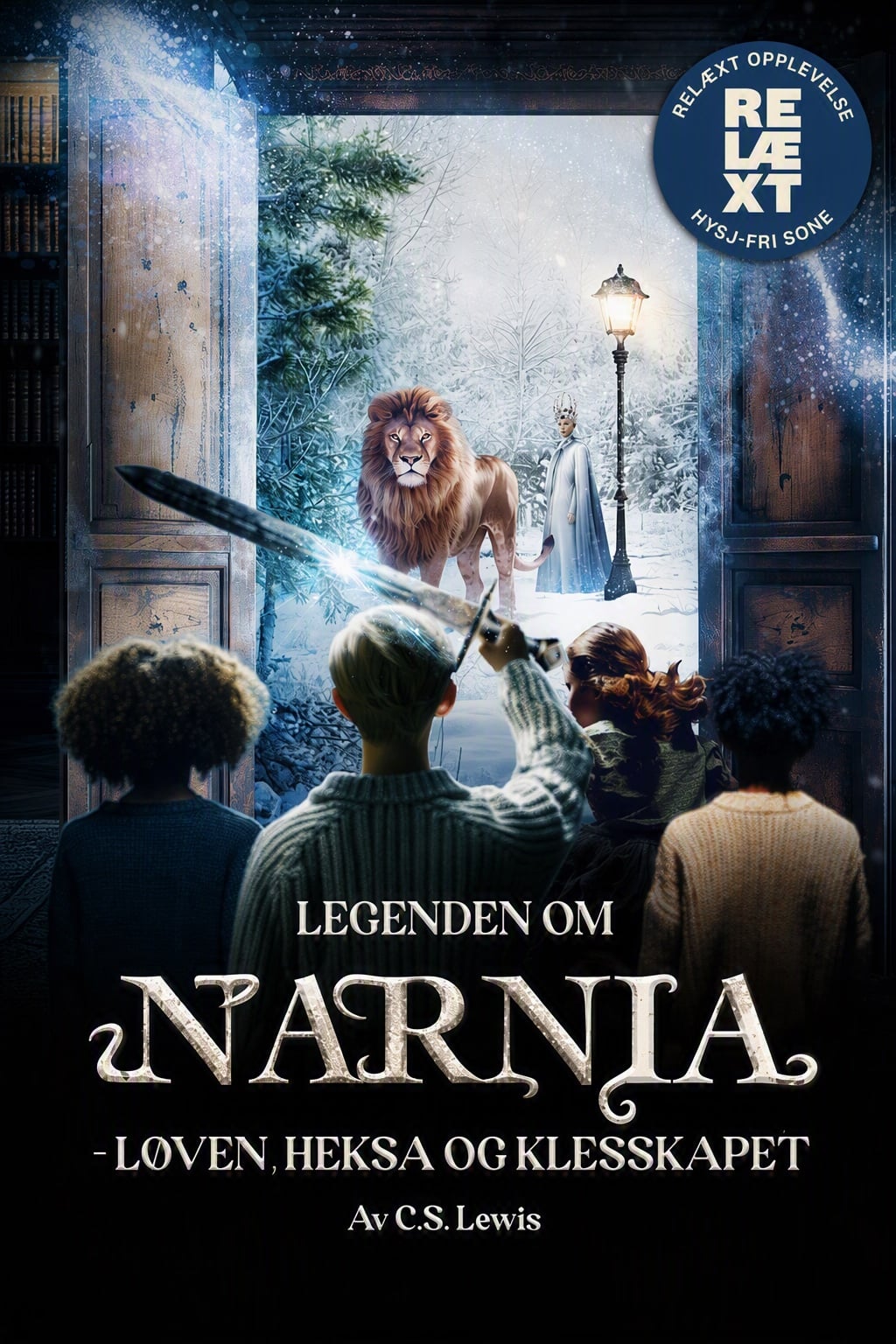 Fire barn står ved en åpen garderobe og ser på et snødekt landskap med en løve og en kvinne i hvitt utenfor. Teksten på norsk lyder: «Legenden om Narnia – Løven, heksen og klesskapet.».