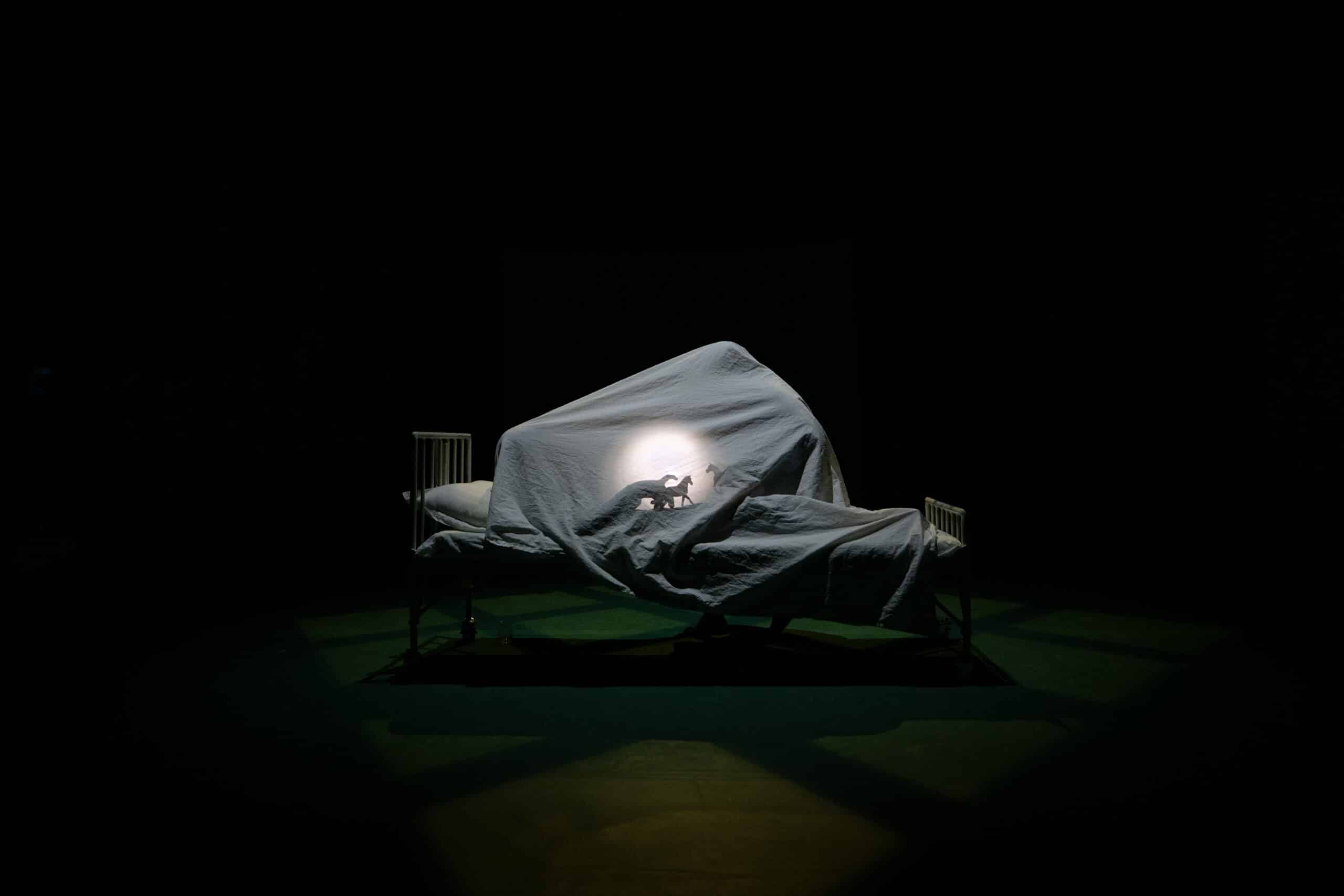 En svakt opplyst sykehusseng med et hvitt laken over seg; en skygge av hender og et vesen projiseres på lakenet.