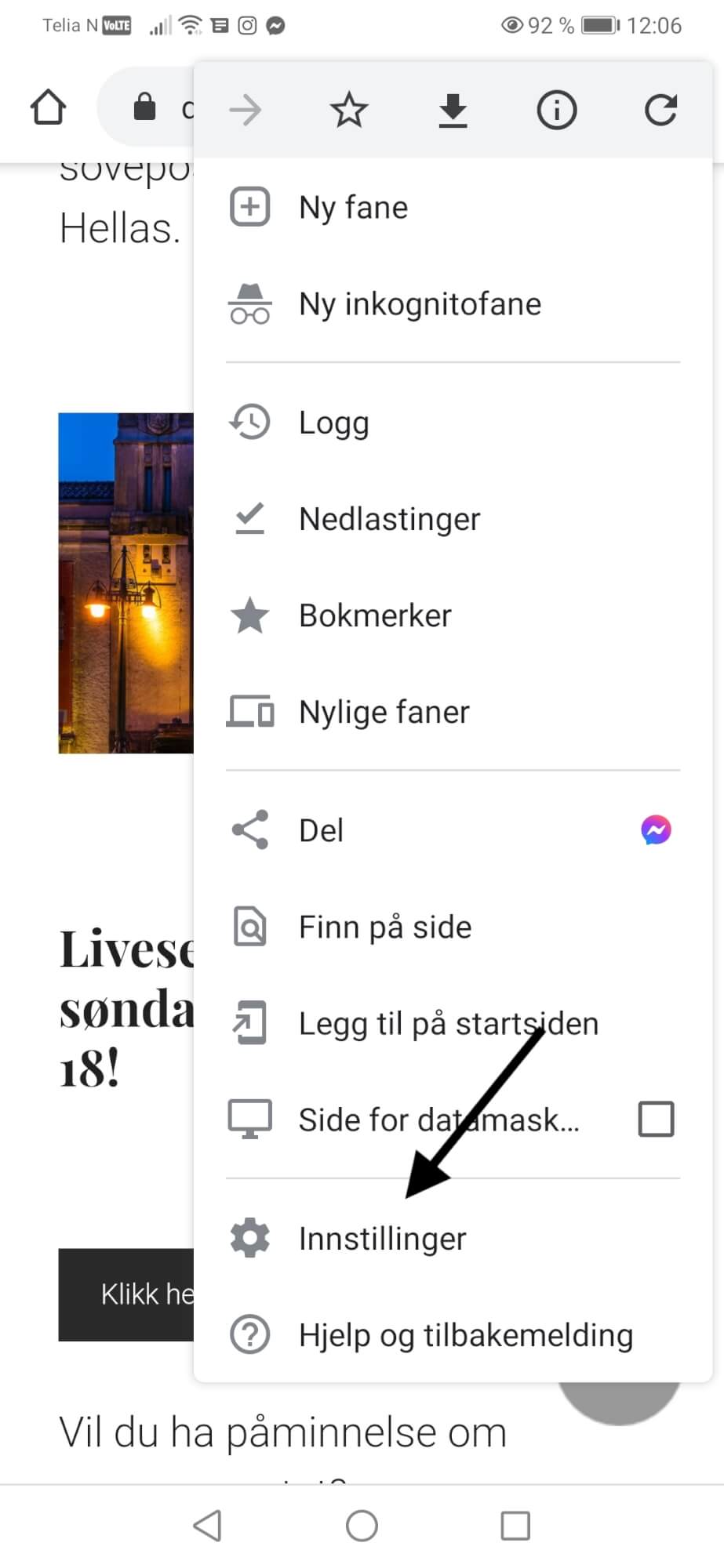 En smarttelefonskjerm som viser en åpen nettleser med en rullegardinmeny og ulike nettleseralternativer synlige, for eksempel ny fane, inkognitofane, bokmerker og innstillinger.