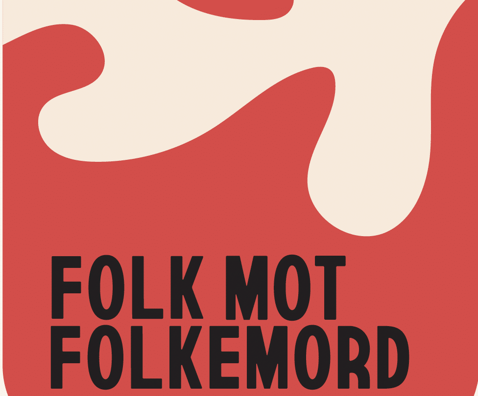 Rød og kremfarget, abstrakt grafikk med fet, svart tekst nederst med teksten