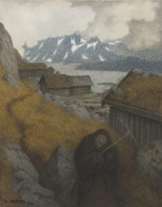 En innhyllet, blek skikkelse med en ljå i hånden står på en gresskledd eng foran en landsby med trehytter og snødekte fjell.