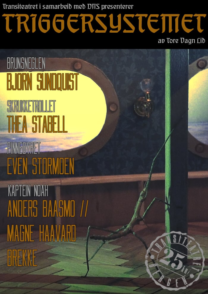 En teaterplakat for "Triggersystemet" viser en liste over de medvirkende og et stilisert rom med runde vinduer og utsikt gjennom et koøye.