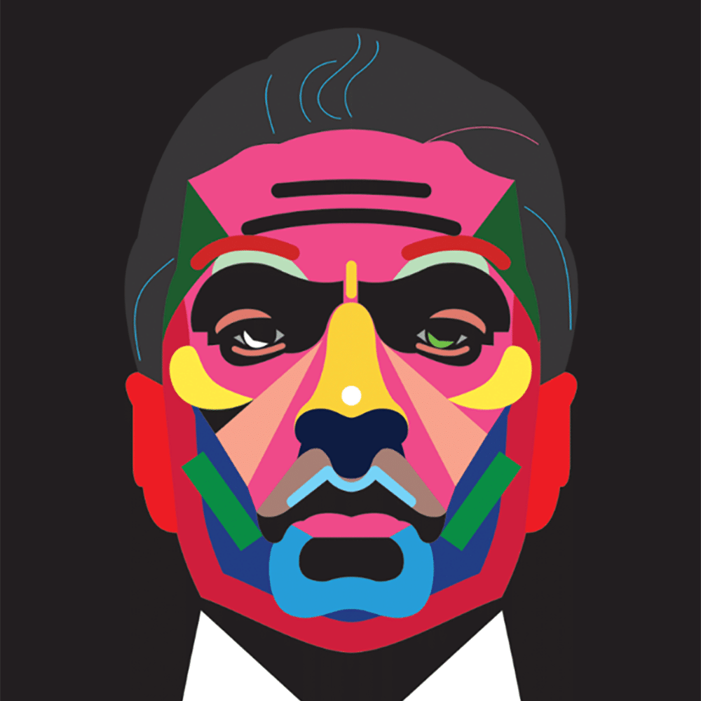 En stilisert, fargerik geometrisk illustrasjon av et mannsansikt på svart bakgrunn, med dristige former og høy kontrast.