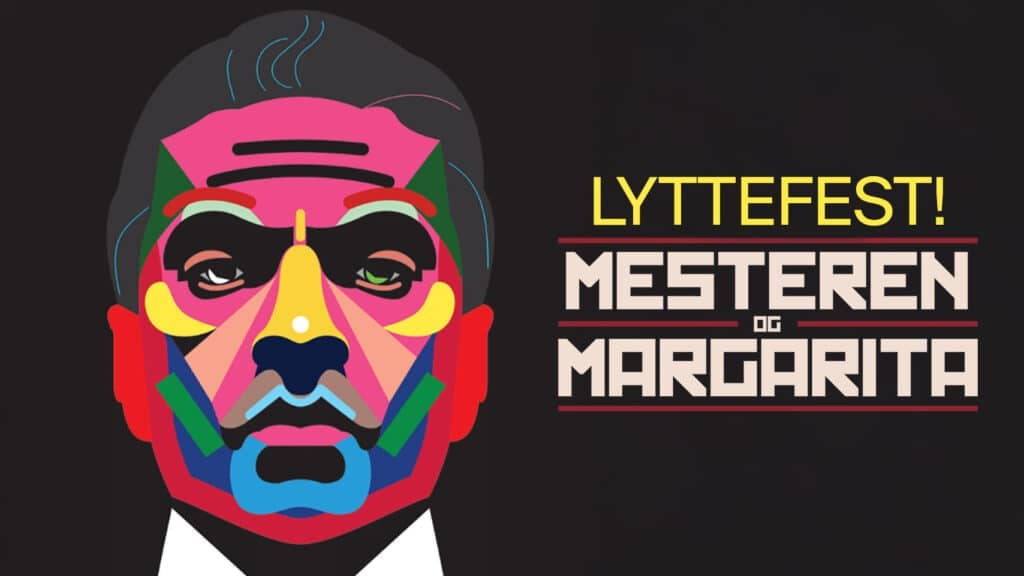 Fargerik, geometrisk illustrasjon av et mannsansikt på svart bakgrunn med gul tekst: