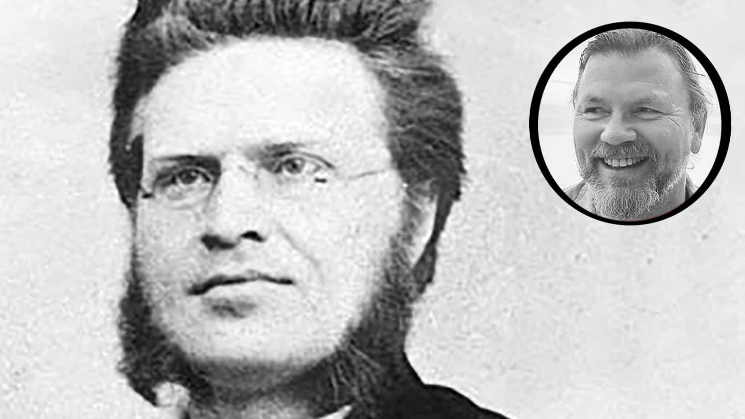 Svart-hvitt portrett av en mann med briller og tykke kinnskjegg; innfelt viser en smilende eldre mann med skjegg i farger.