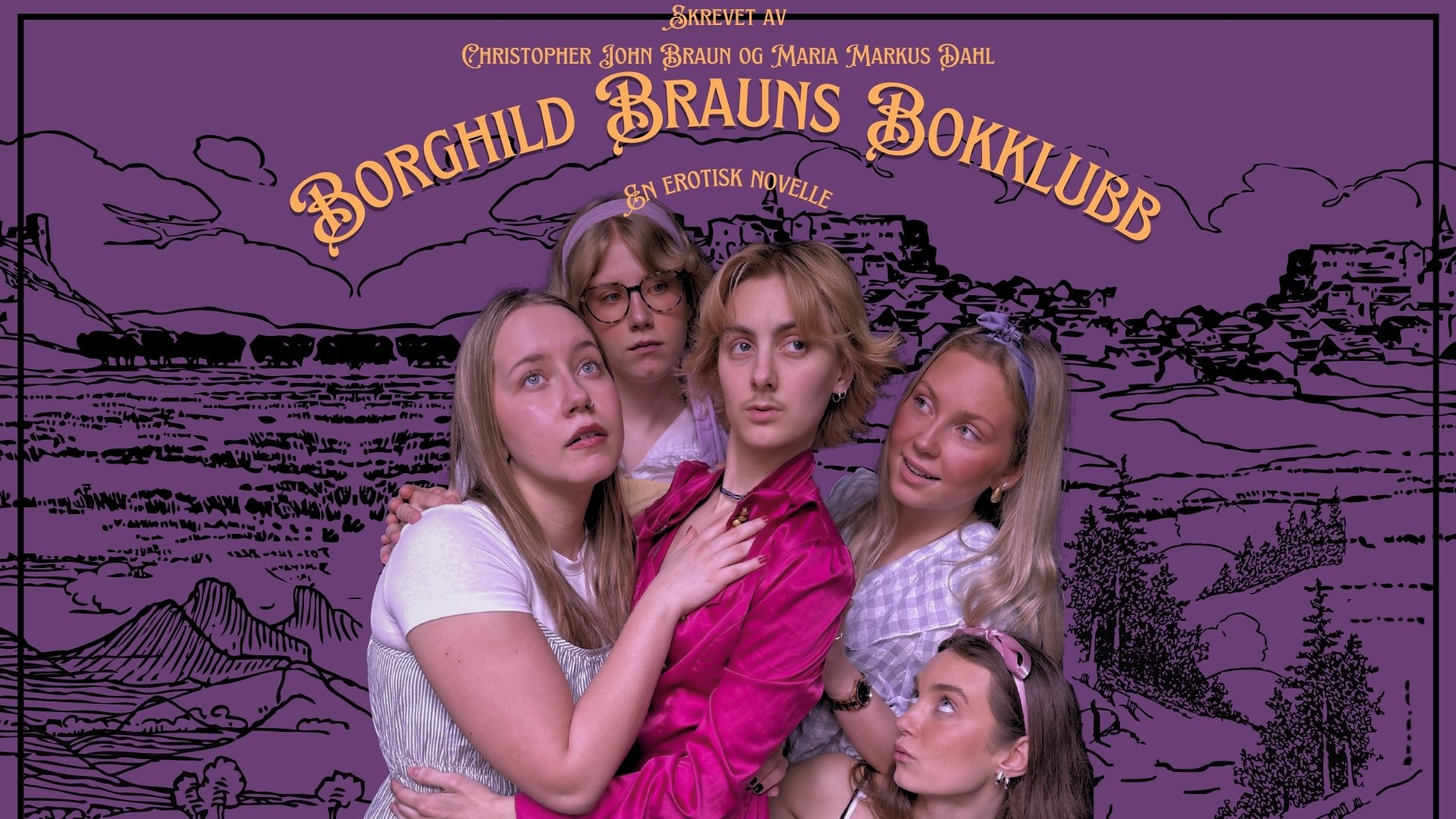 Fem unge voksne poserer tett sammen foran en lilla illustrert bakgrunn med norsk tekst og tittelen "Borghild Brauns Bokklubb".