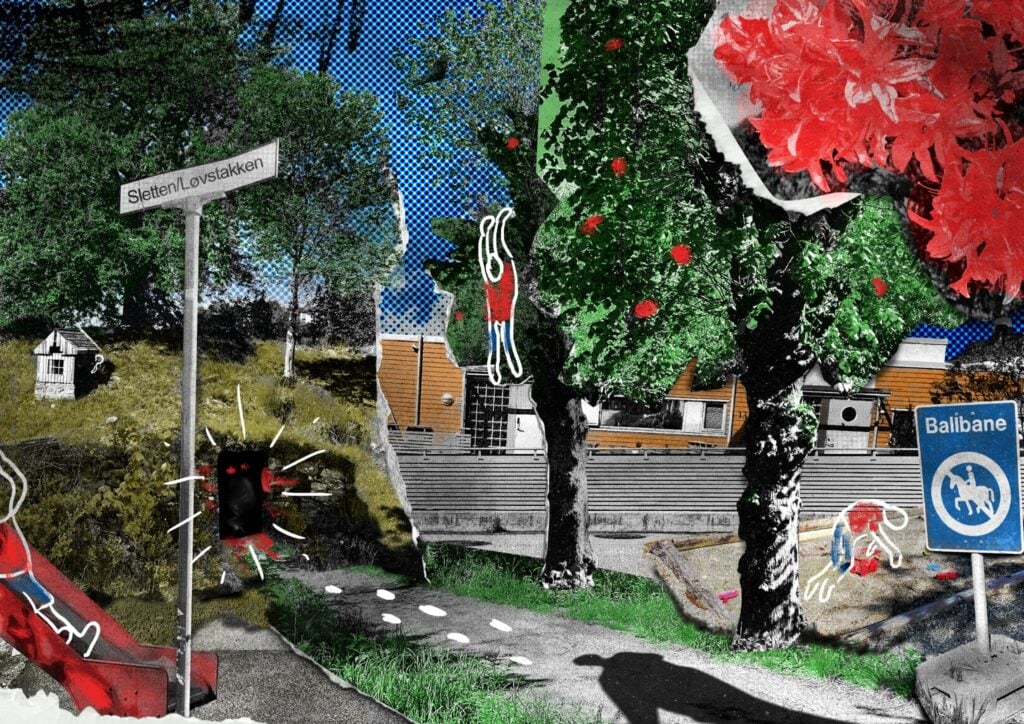 Et collage-lignende bilde av en park med trær, hus, en blå himmel, en sklie, gateskilt og røde blomster; noen skisserte figurer og omriss er lagt over scenen.