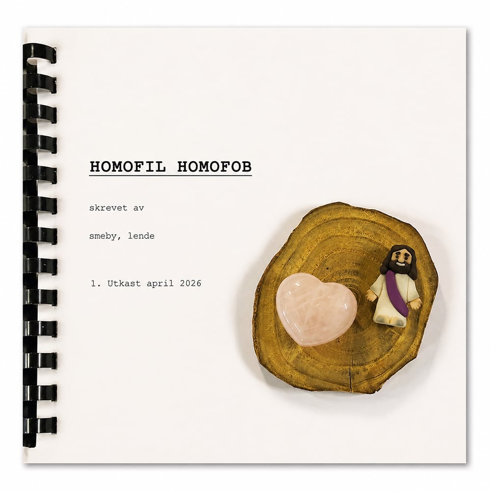 Et spiralinnbundet dokument med tittelen "HOMOFIL HOMOFOB" hviler på en hvit flate ved siden av en treskive med en hjerteformet stein og en liten figur av en person.