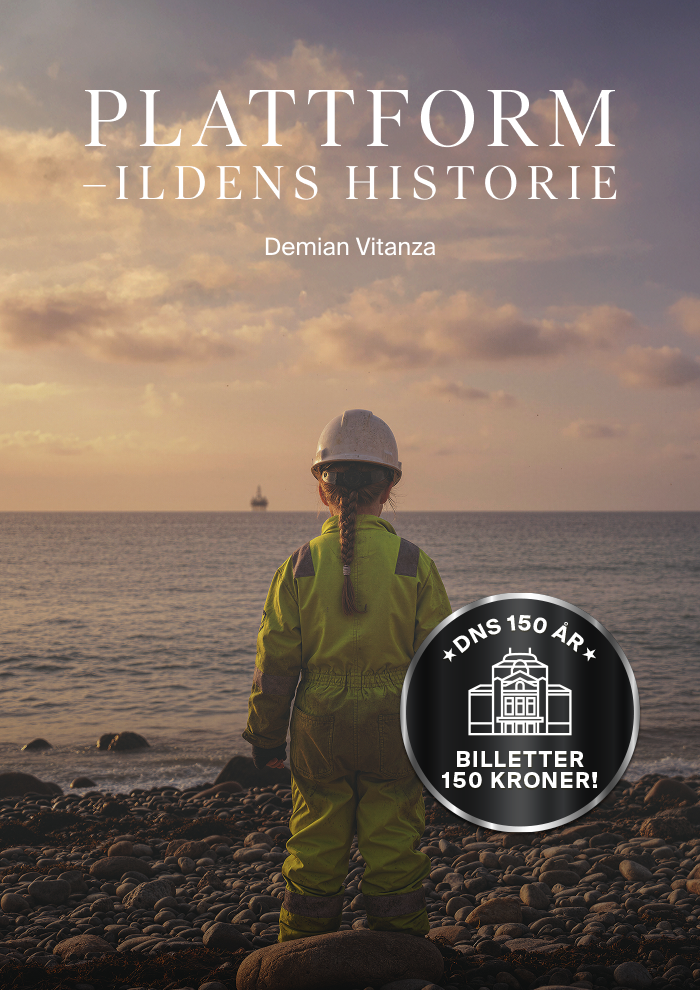 Bokomslag til «Plattform – Ildens historie» av Demian Vitanza, som viser et barn i hjelm og arbeidsklær som ser på en oljeplattform til sjøs.