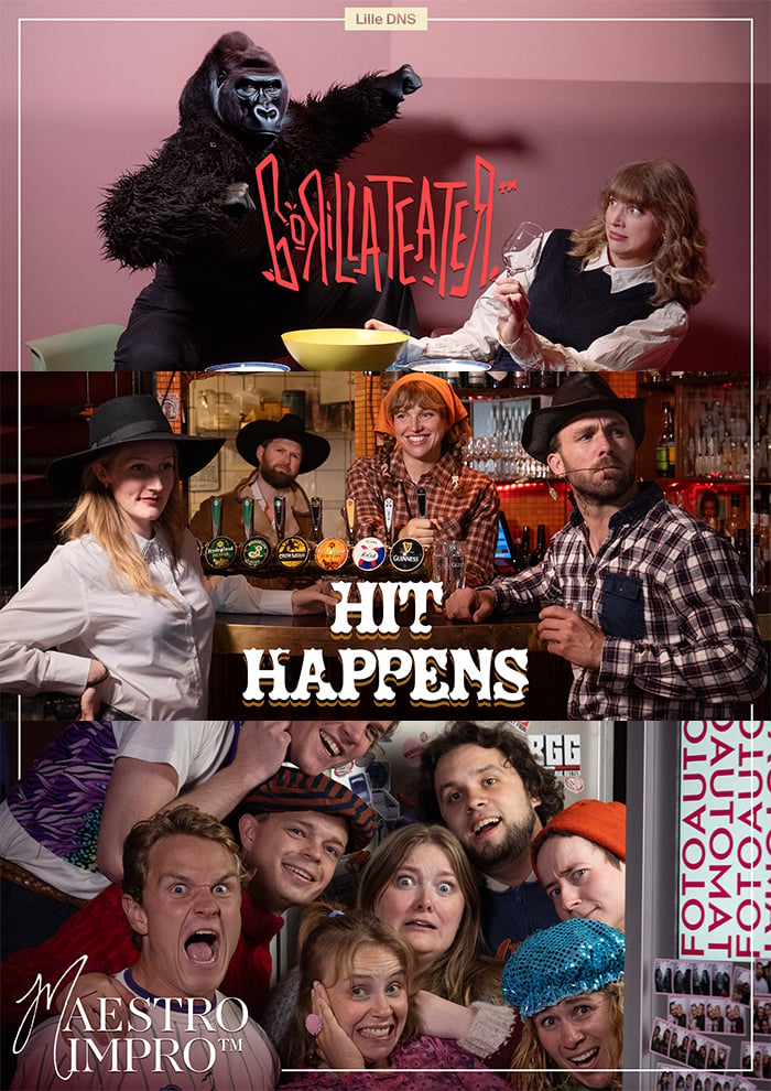 En collage av tre gruppebilder fra teatergrupper: Gorillateater, Hut Happens og Maestro Impro, der voksne i kostymer poserer for reklamebilder.