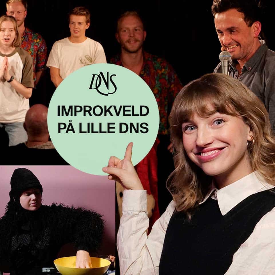 Collage av mennesker som opptrer på scenen og interagerer, med et sentralt skilt med teksten "IMPROKVELD PÅ LILLE DNS" og DNS-logoen.