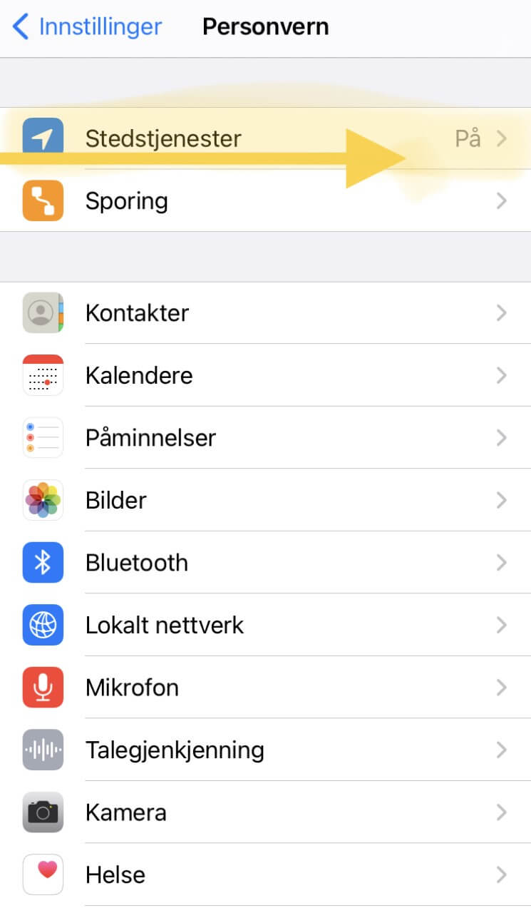 Skjermbilde av en iphone-innstillingsmeny på norsk, med fremheving av "personvern"-delen.