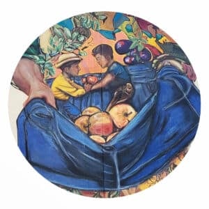 Veggmaleri som viser to gutter som plukker frukt, omgitt av store blå jeans fylt med epler og annen frukt, med livlige farger og detaljerte penselstrøk.