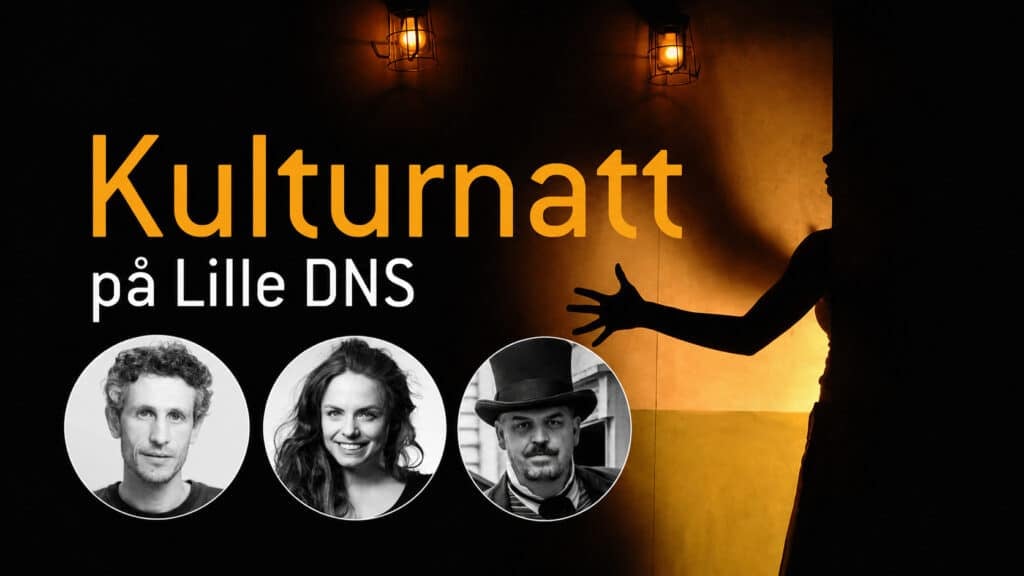 Silhuetten av en artist står ved en vegg i varmt lys. Teksten lyder «Kulturnatt på Lille DNS», med tre portrettbilder under.