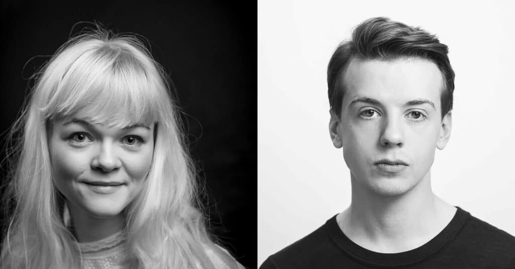 Portretter side om side av en kvinne med lyst hår til venstre og en mann med kort hår til høyre, begge vendt fremover med nøytrale ansiktsuttrykk.