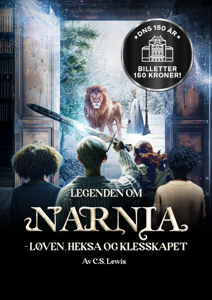 Plakat for en teaterforestilling av «Narnia-kronikene: Løven, heksen og klesskapet», som viser barn som ser gjennom en døråpning inn i en snødekt skog.