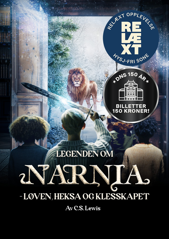 Plakat for en teaterforestilling om Narnia som viser fire barn som går inn i en snødekt skog for å møte en løve, med reklametekst om billetter og jubileet for spillestedet.