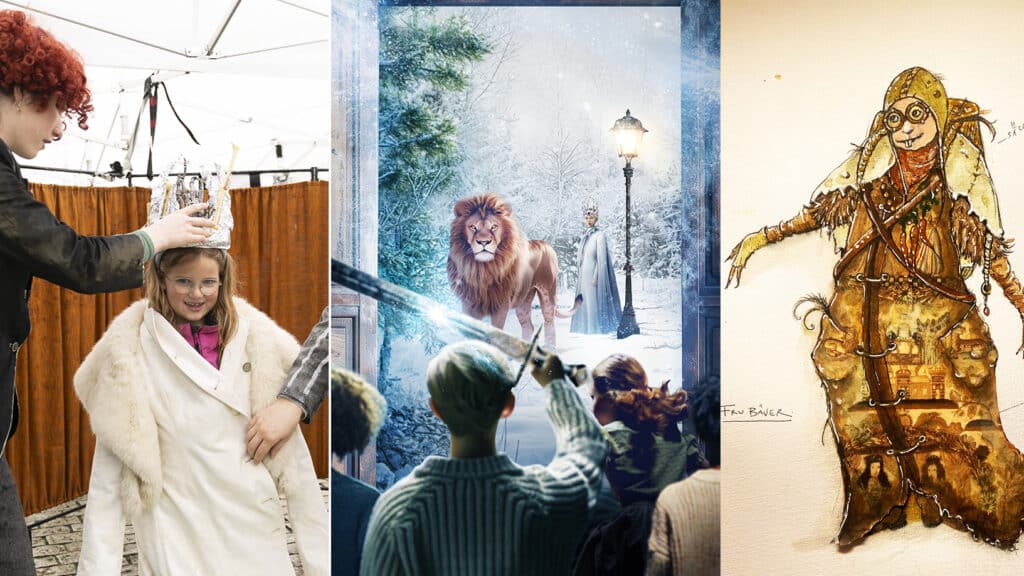 Et barn blir kronet utendørs, folk ser på en løve og en kvinne i et snødekt landskap, og en fantasifull og detaljrik figurtegning henger på veggen.
