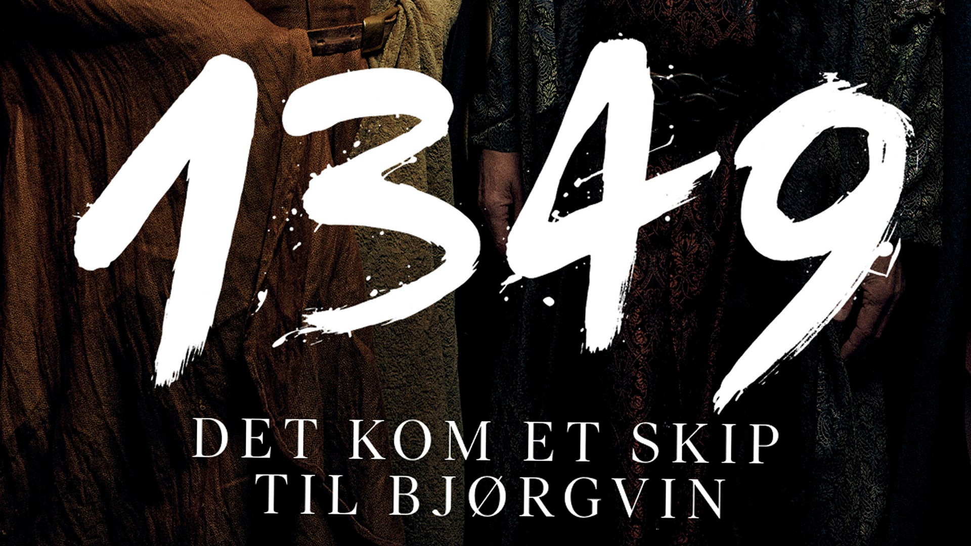 Bildet viser store hvite tall «1349» over den norske teksten «Det kom et skip til Bjørgvin» på en mørk, strukturert bakgrunn.