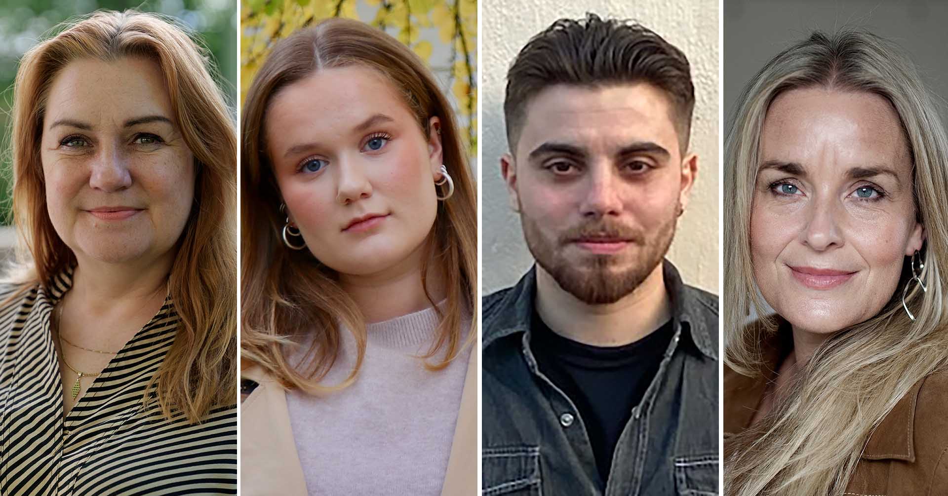 Fire personer, to kvinner og en mann med lyst hår, og en kvinne med mørkblondt hår, er avbildet i individuelle portrettbilder side om side.
