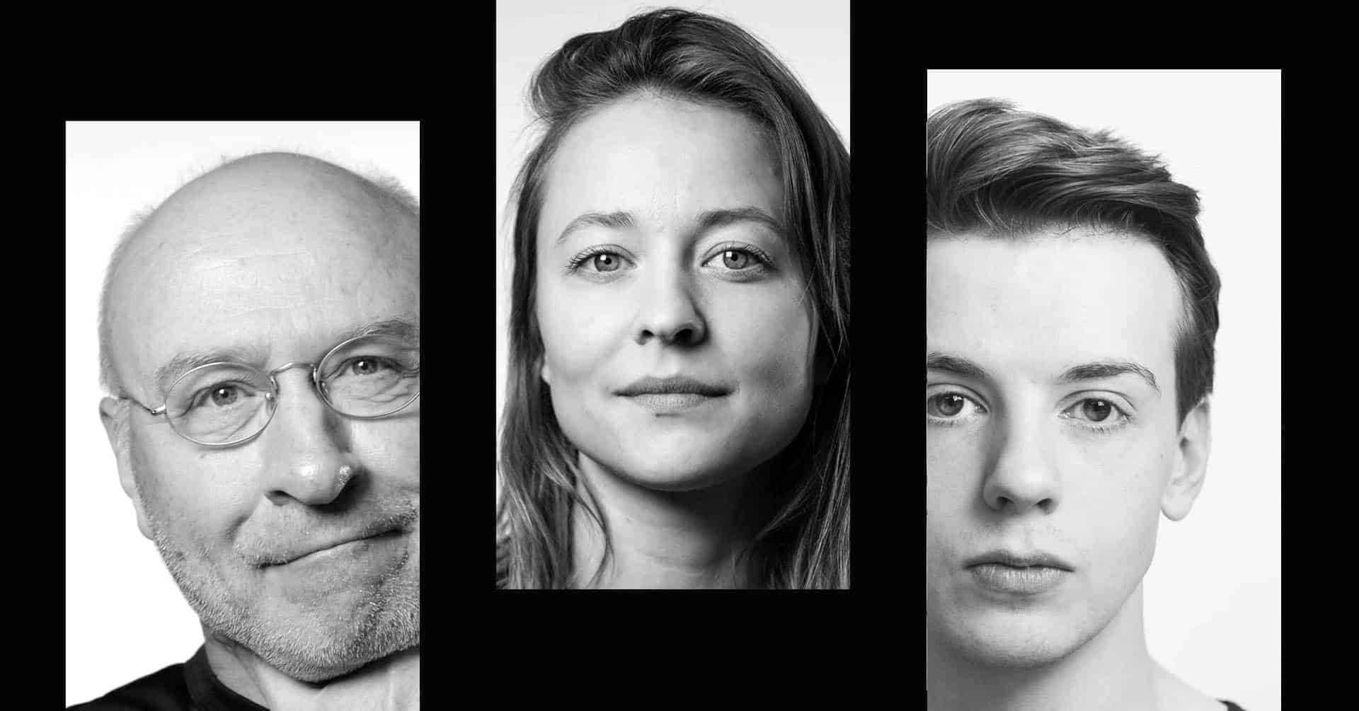 Svart-hvitt-portretter av tre personer: en eldre mann med briller, en ung kvinne i midten og en ung mann til høyre, som begge ser rett inn i kameraet.