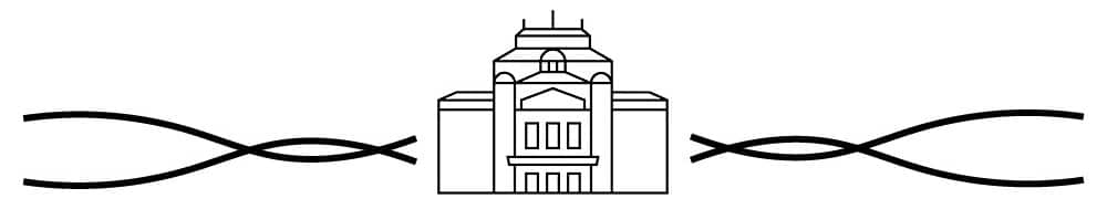 En stilisert illustrasjon av en bygning med symmetriske dekorative linjer på hver side.
