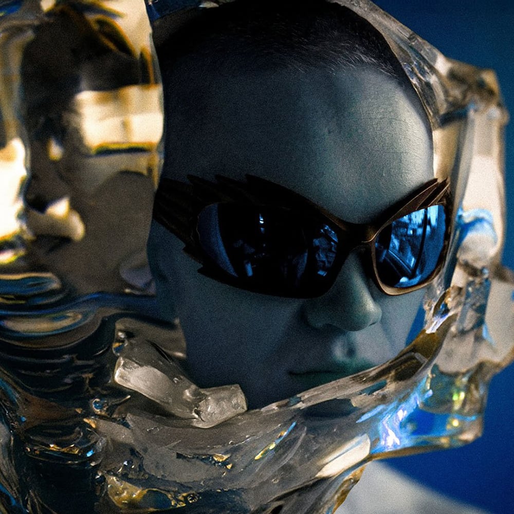 En person iført futuristiske solbriller er delvis innkapslet i eller omgitt av et klart, kantete, islignende materiale mot en blå bakgrunn.