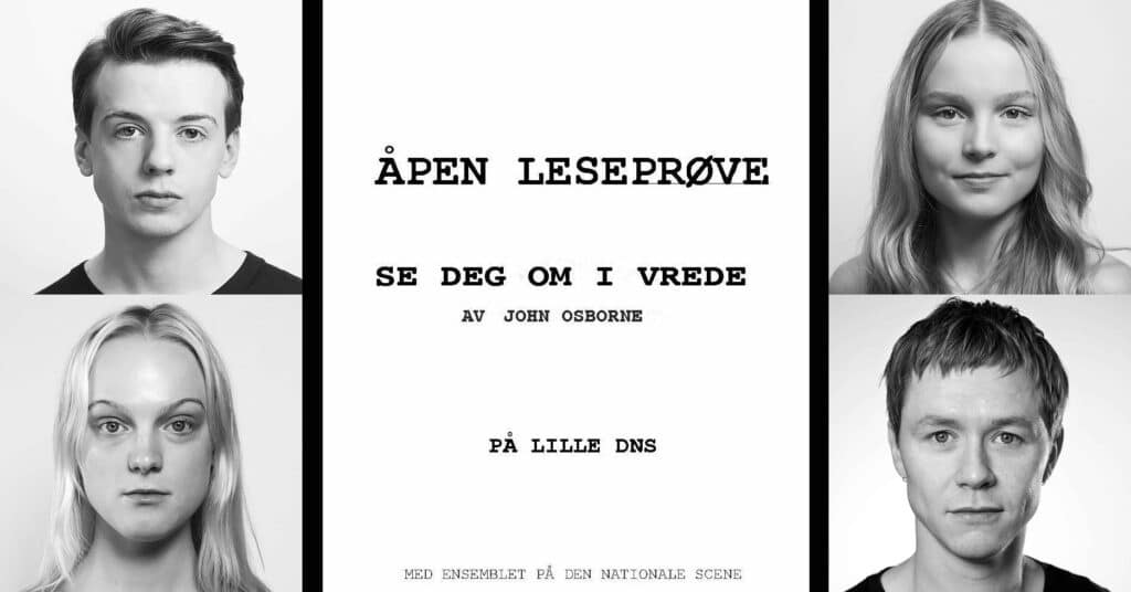 Svart-hvitt plakat med fire portrettbilder og norsk tekst som annonserer en åpen opplesning av
